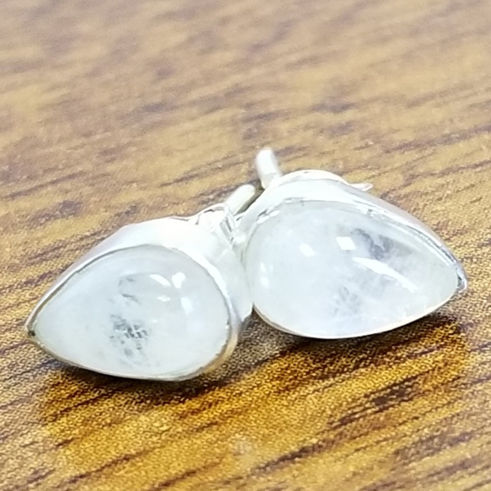 Small rainbow moonstone studs, silver, pear shaped